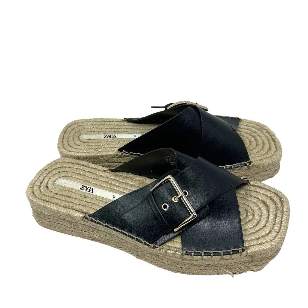 Zara Black Leather Buckle Espadrille Jute Slide Sandals Size 41 / US 10.5